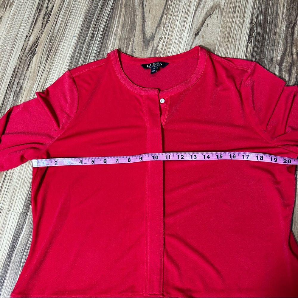 Lauren Ralph Blouse Women XL Red Orange Tunic Henley 3/4 Sleeve Hidden Button - Picture 3 of 6